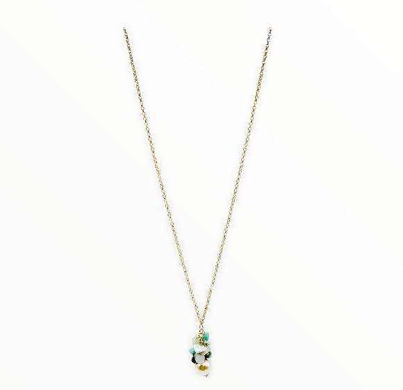 18K Gold Layered Necklace (Pearl and Green).