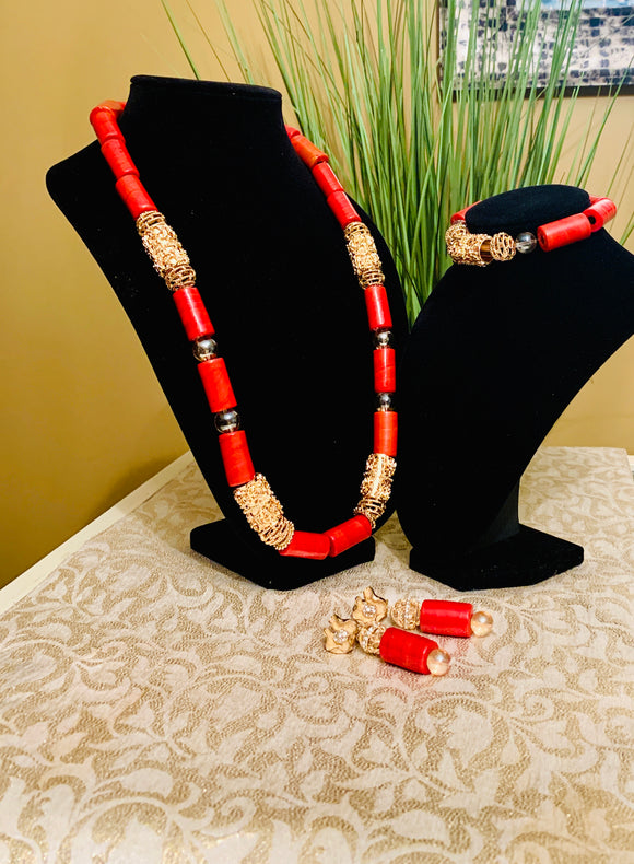 Coral and Gold Beaded Set