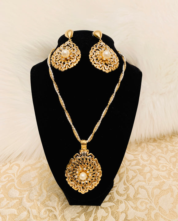 Gold and Pearl Necklace, Pendant and Earrings Set