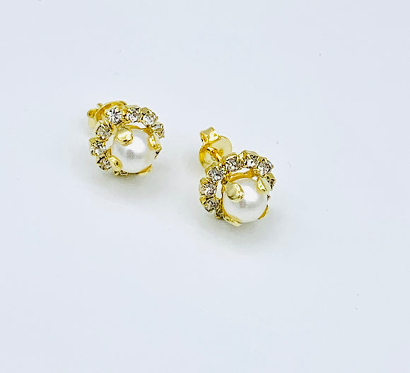 18K Gold Layered Small Pearl Stud + CZ Earrings