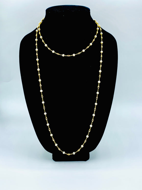 18K Gold Layered Pearl and Gold Long Necklace.