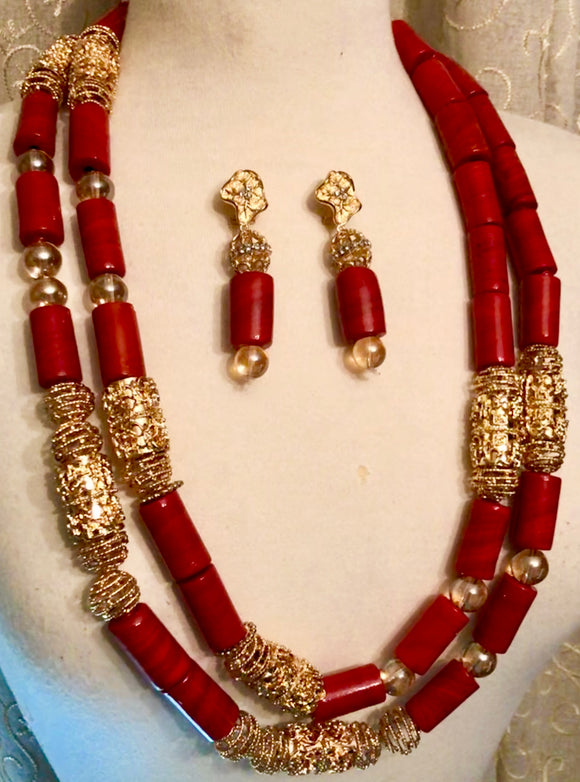 Layered Coral and Gold Beaded Set