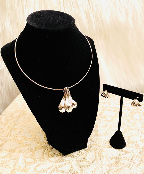 White Gold Layered Earring and Pendant Set